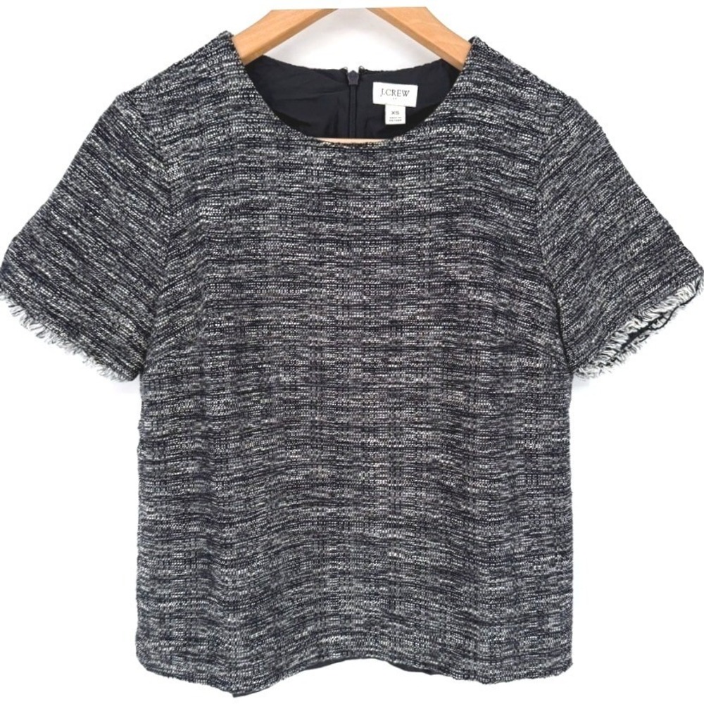 J.Crew Womens XS Black White Tweed Short Sleeve Fringe Top Academia Minimalist‎